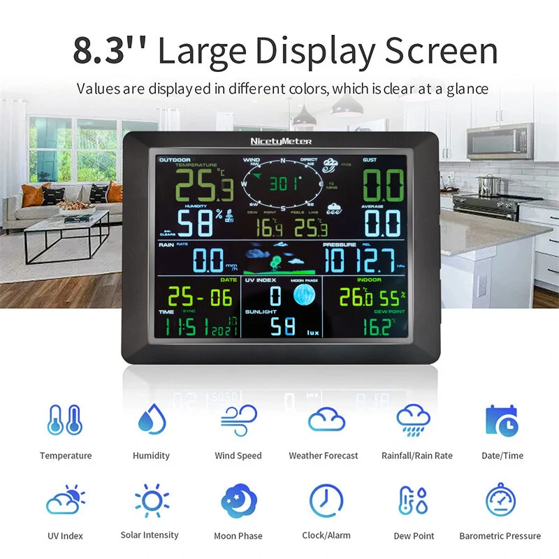 0310 Wireless WiFi Weather Station with 8.3inch Large Display Indoor Outdoor Thermometer Hygrometer Wind Speed Moon Phase UV Index Alarm Clock Multifunctional Weather Station — view 3