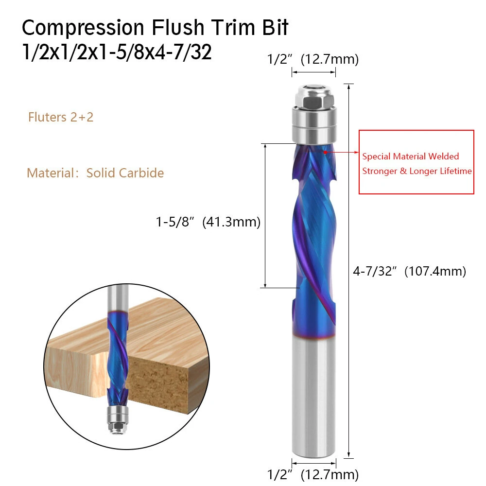 1/2" Shank YK20 Carbide CNC Router Bit Blue Coated Compression Flush Trim Mill for Slotting and Trimming — view 5