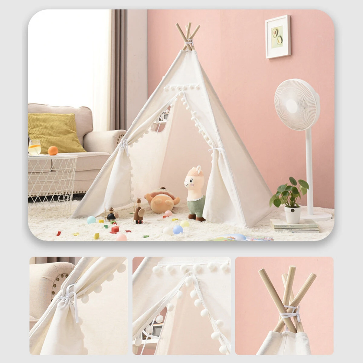 1.35M-1.8M Baby Tents Teepee Durable＆Quality Cotton Canvas Triangle Tent Kids Playhouse Pretend Indoor/Outdoor Play Tent Decoration House Game Gift — view 4