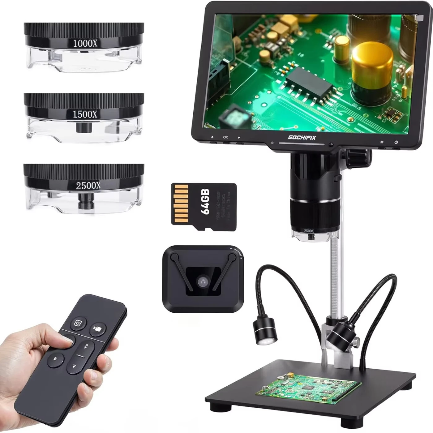 10.1'' 3 Lens 2K Digital Microscope 2X-2500X Soldering Microscope for Electronics Repair Coin Microscope with IPS Screen Microscope