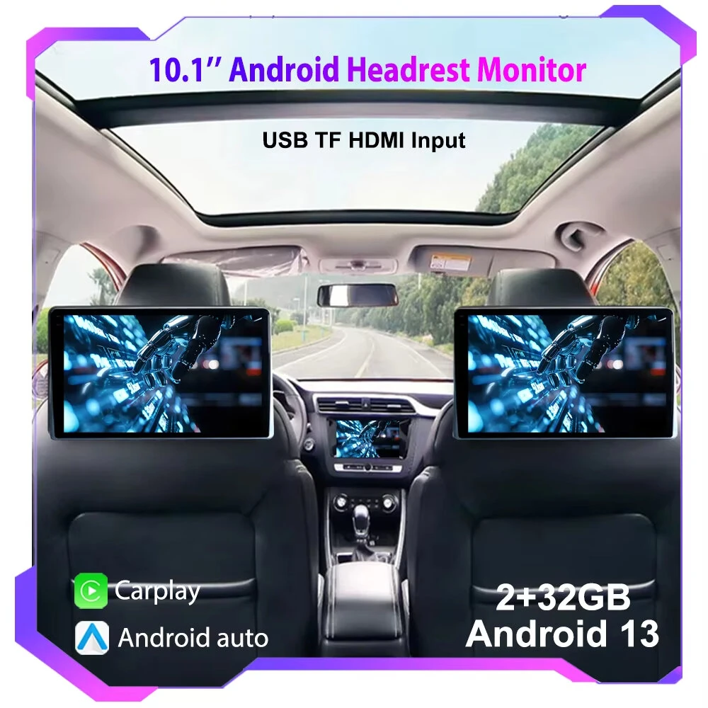 10.1" HD 1280*800 Android 13 Car Headrest Monitor Tablet For Back Seat Multimedia Apple Carplay Ambient Lights BT SD -Input — view 3