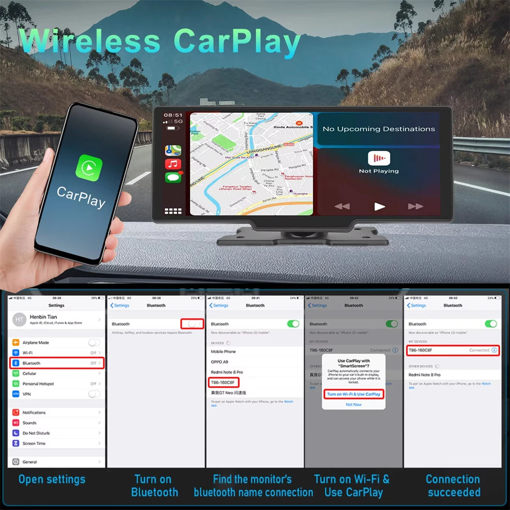 10.26Inch Wireless CarPlay Android Auto 4K Front 1080P Rear Split Screen GPS WiFi Smart Car Display Dash Cam — view 2