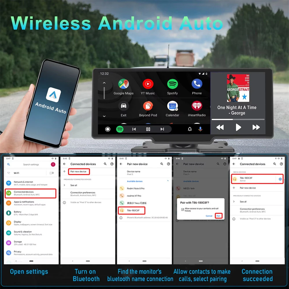 10.26Inch Wireless CarPlay Android Auto 4K Front 1080P Rear Split Screen GPS WiFi Smart Car Display Dash Cam — view 3