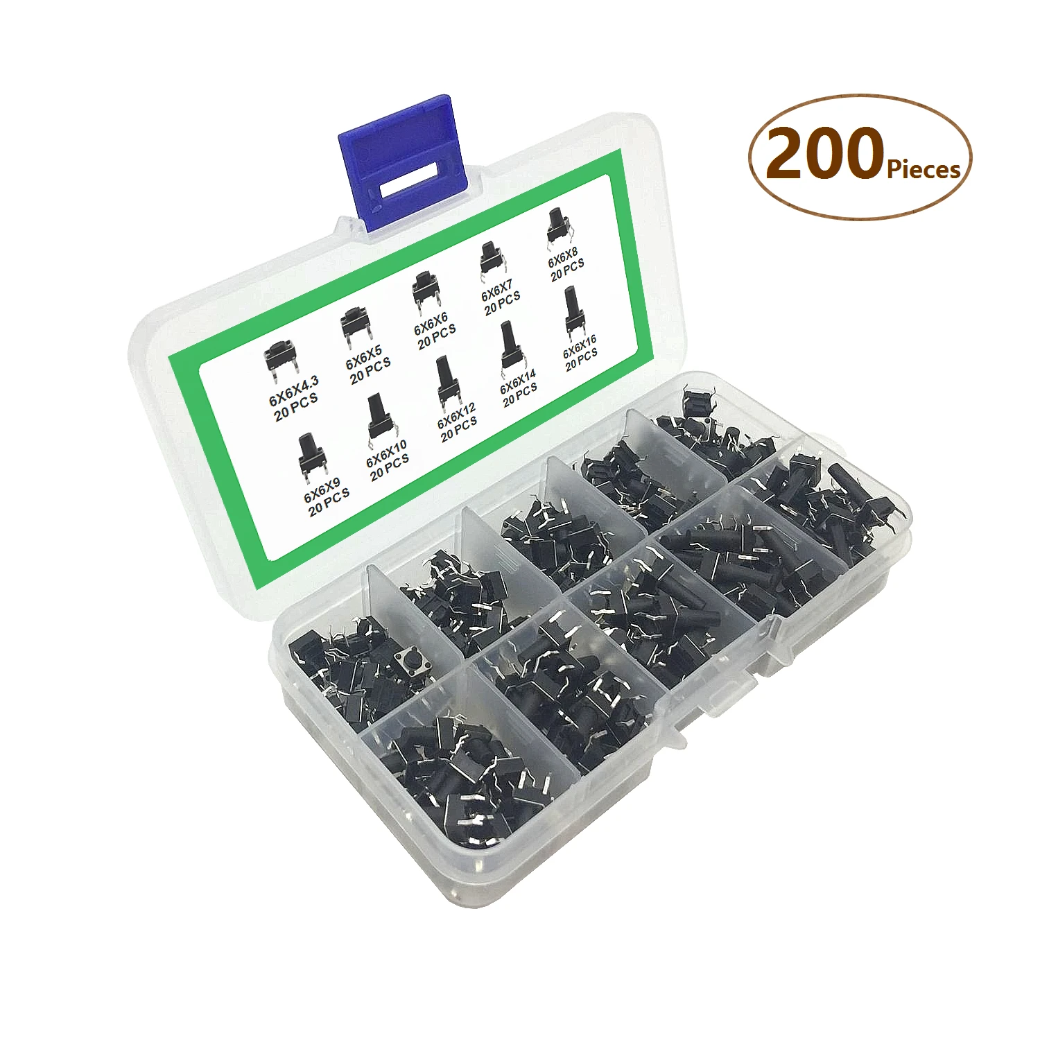 100/200 PCS Tact Switch Kit Package 6x6x4.3 6x6x5 6x6x6 6x6x7 6x6x8 6x6x9 6x6x10 6x6x11 6x6x12 6x6x13 Key Switch Box — view 2