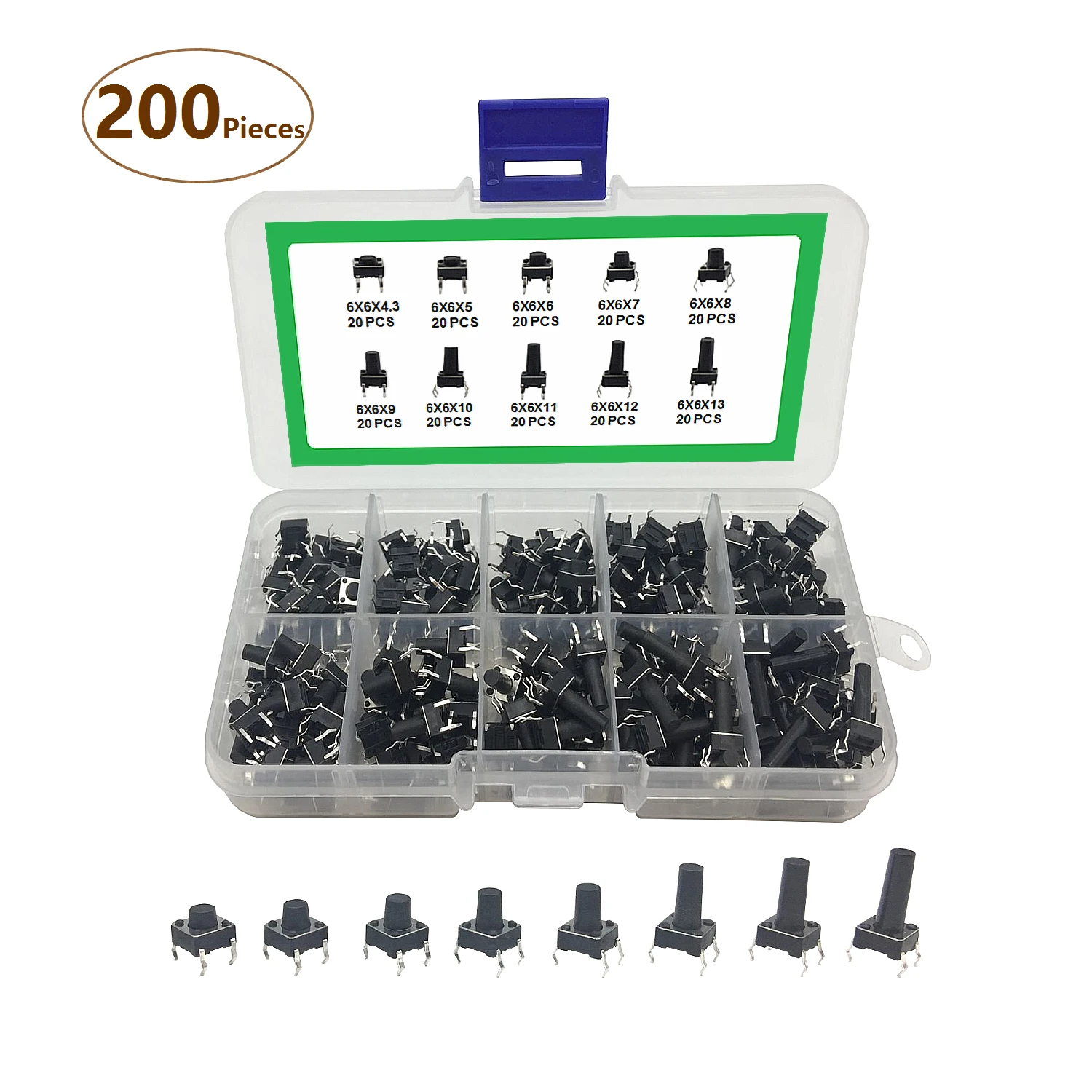 100/200 PCS Tact Switch Kit Package 6x6x4.3 6x6x5 6x6x6 6x6x7 6x6x8 6x6x9 6x6x10 6x6x11 6x6x12 6x6x13 Key Switch Box — view 5