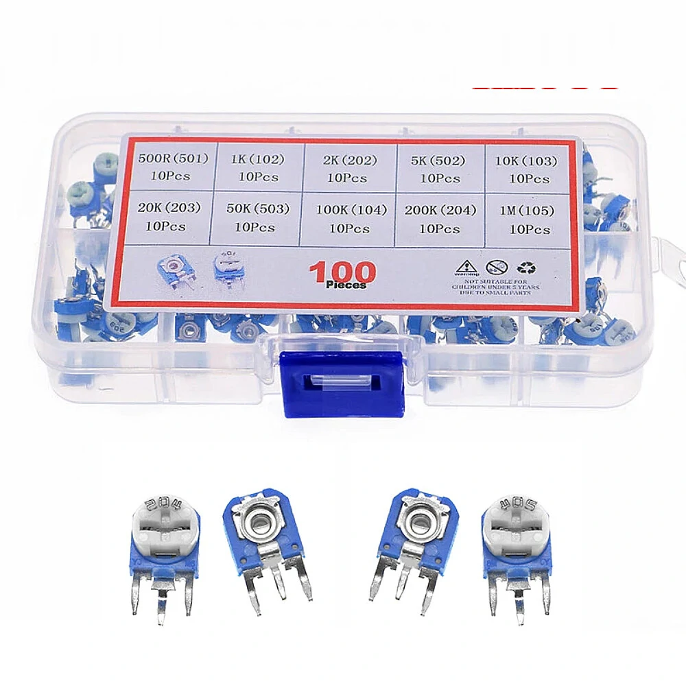 100pcs RM063 Trimmer Potentiometer Adjustable Resistor Kit 500R 1K 2K 5K 10K 20K 50K 100K 200K 1M Potentiometer Resistor RM 063 — image 1
