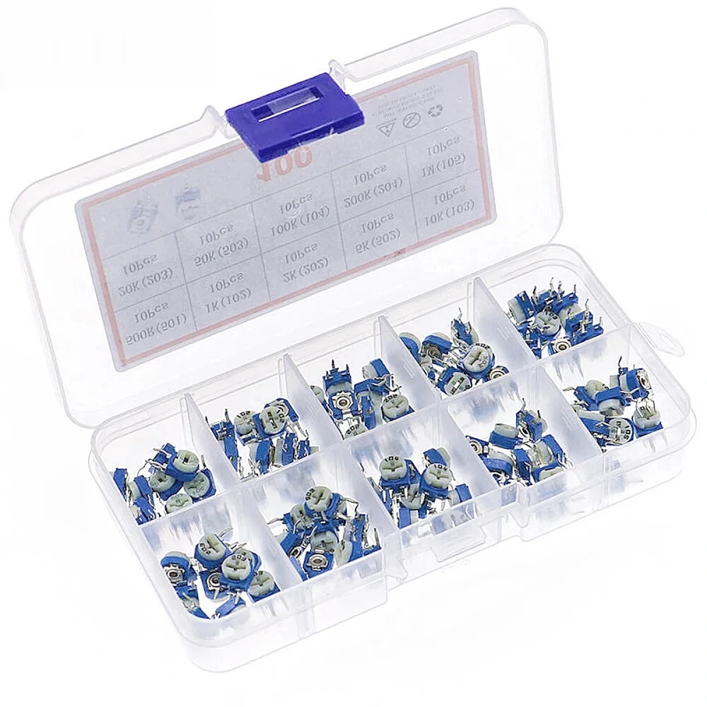 100pcs RM063 Trimmer Potentiometer Adjustable Resistor Kit 500R 1K 2K 5K 10K 20K 50K 100K 200K 1M Potentiometer Resistor RM 063 — view 2