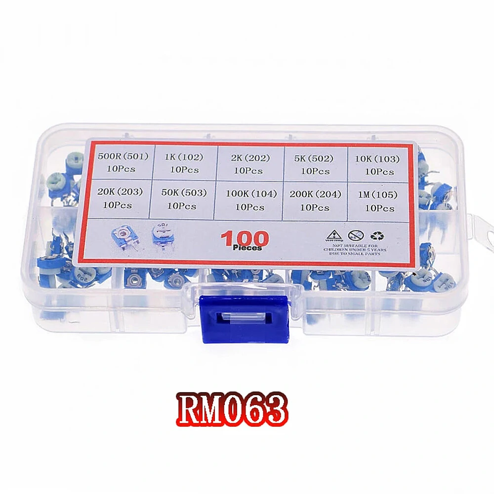 100pcs RM063 Trimmer Potentiometer Adjustable Resistor Kit 500R 1K 2K 5K 10K 20K 50K 100K 200K 1M Potentiometer Resistor RM 063 — view 4