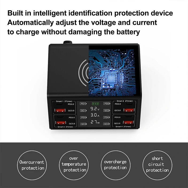 100W 8-Port USB PD Charger 4USB-A QC3.0+4USB-C PD3.0 Fast Charging Desktop Charging Station with 15W 10W 7.5W 5W Wireless Charger Pad EU Plug US Plug for iPhone 12 13 14 14Pro for Samsung Galaxy S23 for Oppo Reno9 for Redmi K60 — view 6