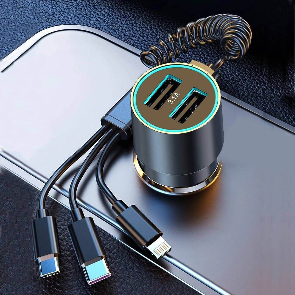 100W Car Charger Dual USB Super Fast Quik Charging Car Lighter One To Three With Wire Metal — Pricio