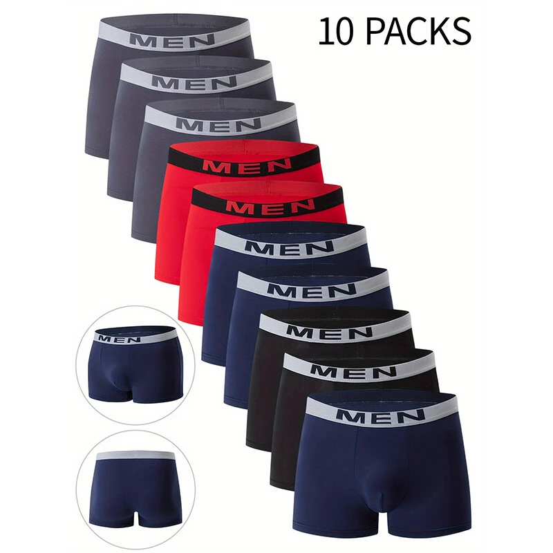 10PCS Men's Underwear Solid Color Boxer Briefs Breathable & Comfortable Flat Pants Elastic Waist Casual Sport Shorts Underwear — view 11