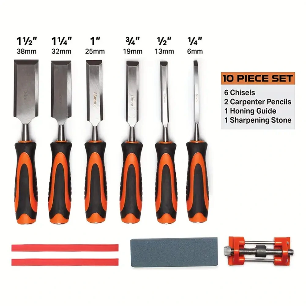 10PCS Wood Carving Chisel Set with 6pcs Premium Wood Chisel with Honing Guide / Heat-Treated 60 Cr-V / Sharpening Stone / Carpenter Pencils — view 3
