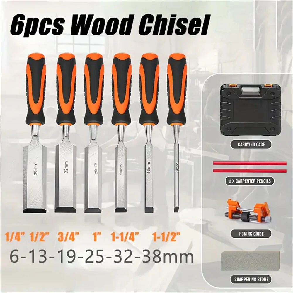 10PCS Wood Carving Chisel Set with 6pcs Premium Wood Chisel with Honing Guide / Heat-Treated 60 Cr-V / Sharpening Stone / Carpenter Pencils — view 4