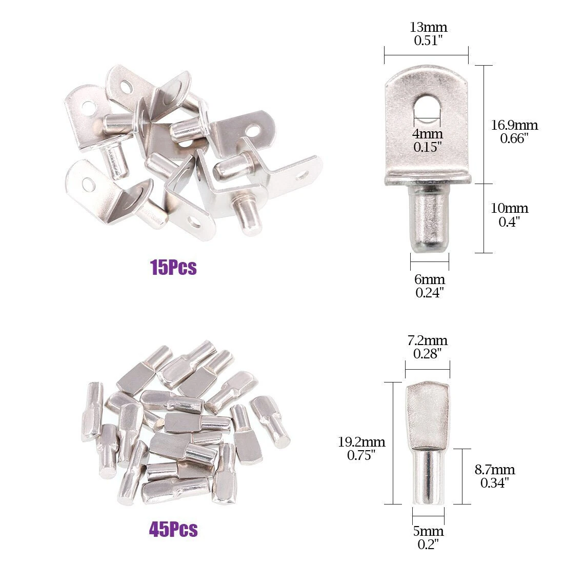 120Pcs 4 Styles Shelf Pins Kit Nickel Plated Iron Shelf Bracket Pegs 5mm 6mm Cabinet Furniture Shelf Support Pins — view 2