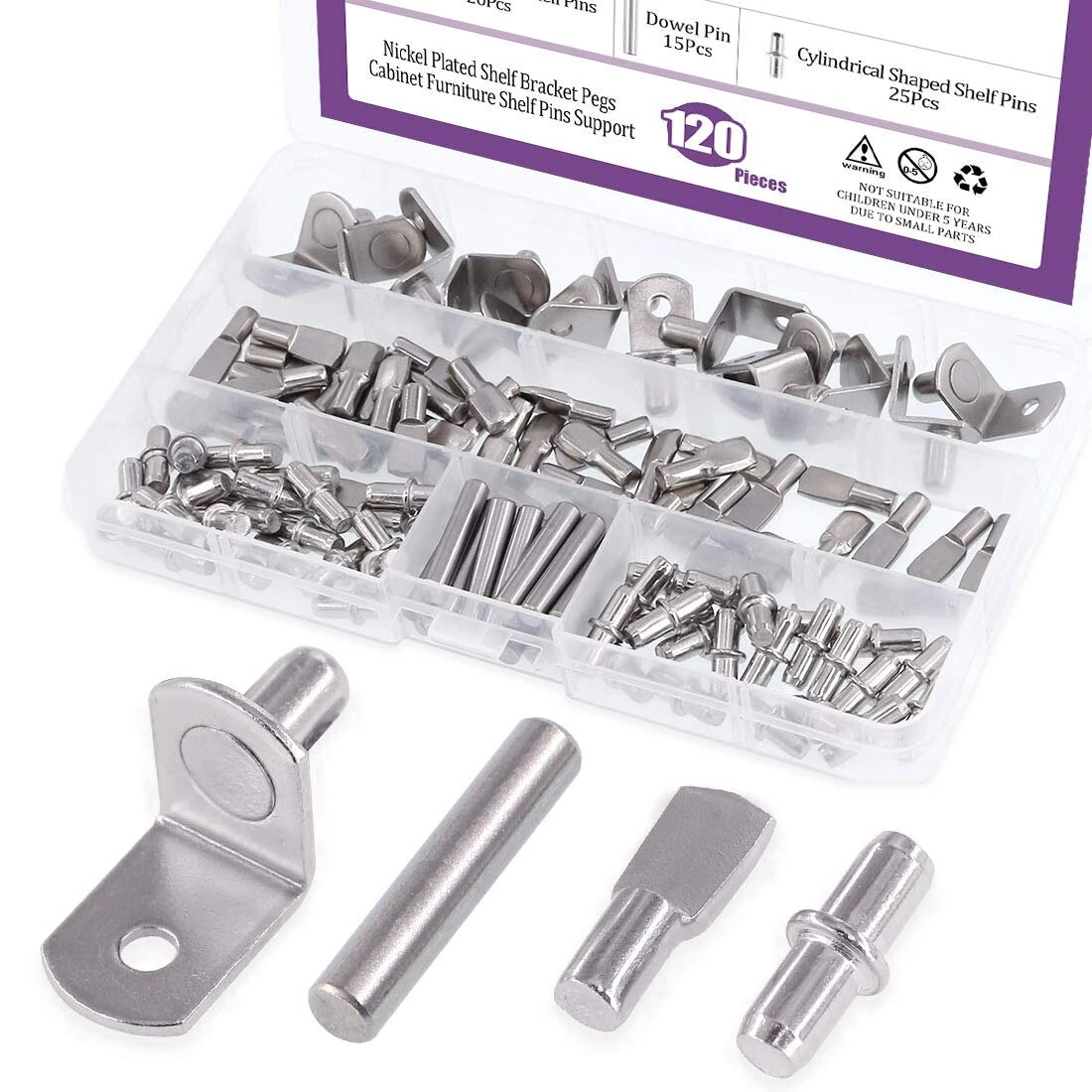 120Pcs 4 Styles Shelf Pins Kit Nickel Plated Iron Shelf Bracket Pegs 5mm 6mm Cabinet Furniture Shelf Support Pins — view 8