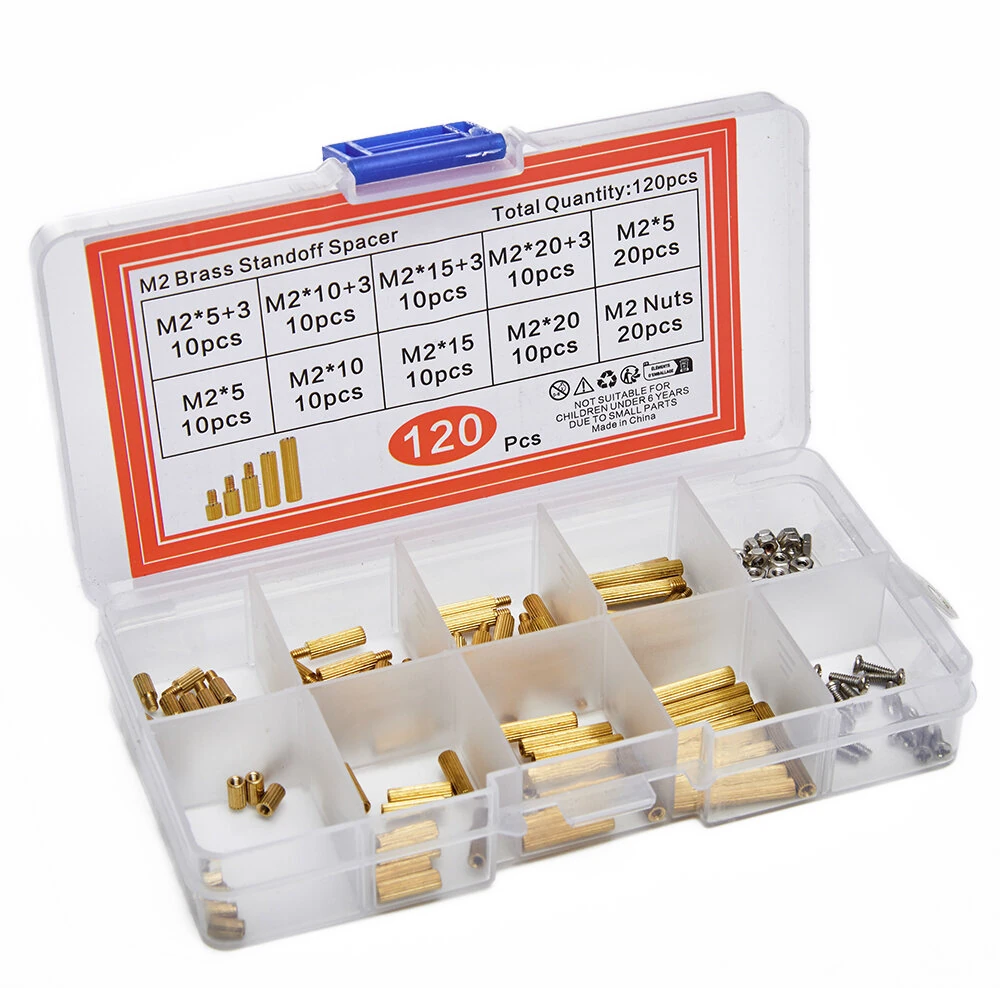 120PCS M2 Brass Standoff Spacer Kit Assorted Sizes with Screws and Nuts Rust Resistant for Electronics DIY Projects Prototyping