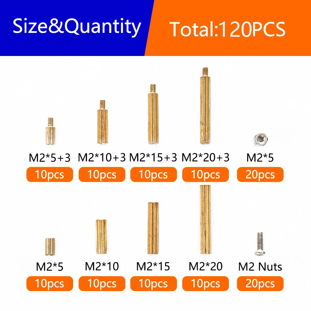 120PCS M2 Brass Standoff Spacer Kit Assorted Sizes with Screws and Nuts Rust Resistant for Electronics DIY Projects Prototyping — view 2