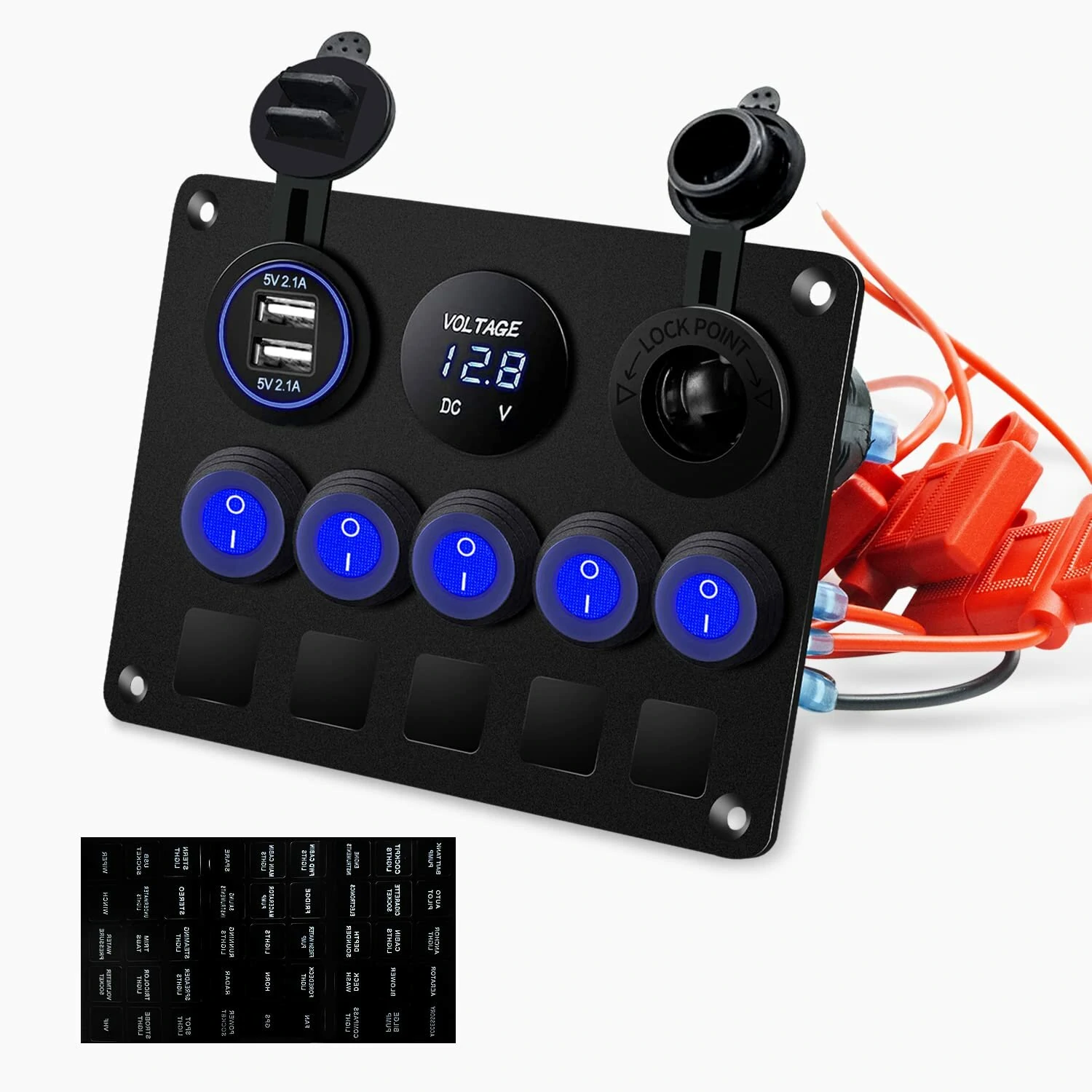 12V-24V Universal Switch Panel with USB Voltmeter 5 Gang Rocker Switch Panel with Dual USB Slot Socket 5V 4.2A Voltmeter for Marine Boat Car RV Vehicles Truck Waterproof — image 1