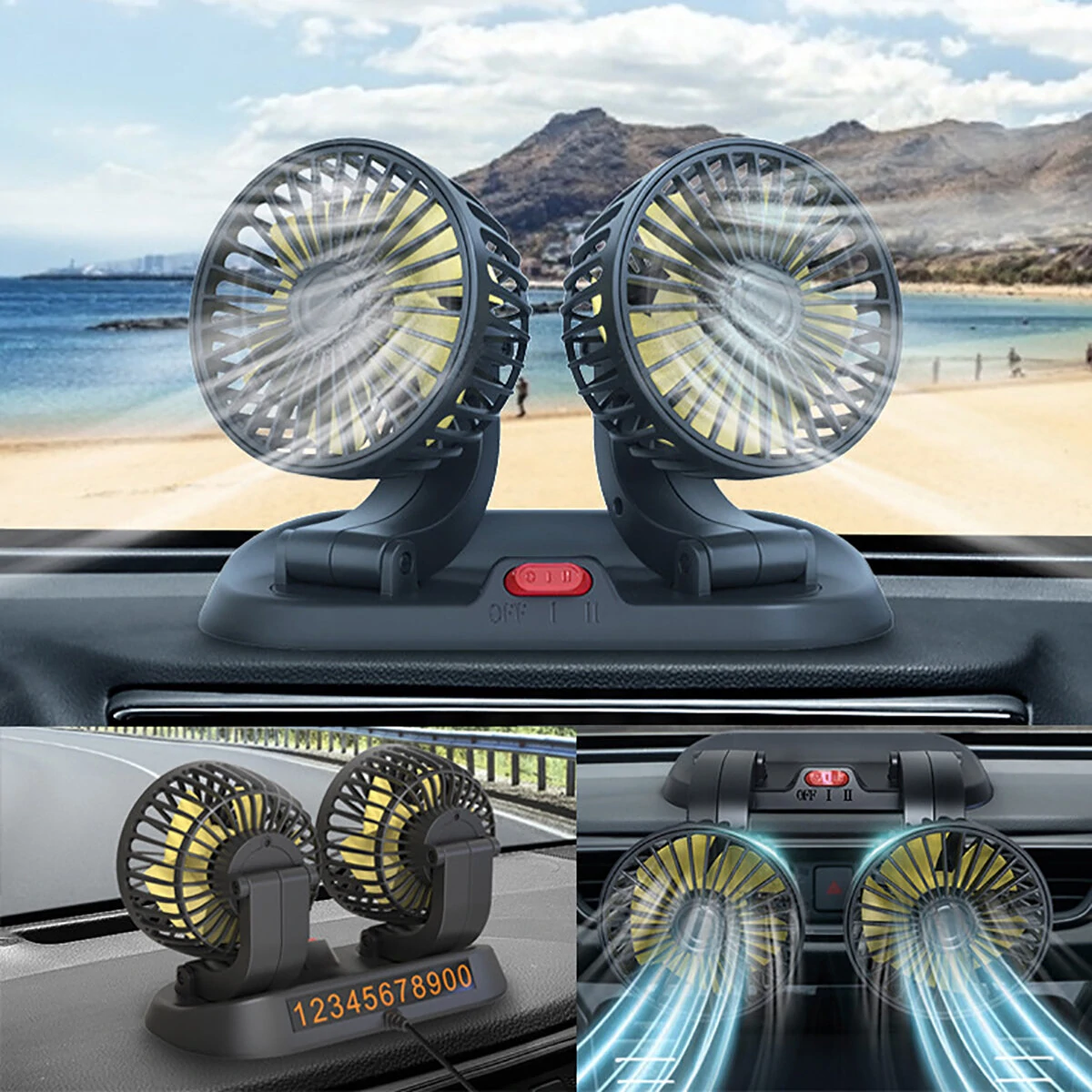 12V Dual-Head Car Fan Cooling Fans 360° 2 Speed Adjustable Mini Size Five-blade Strong Wind with Parking Number Plate For Auto Cooler — view 2