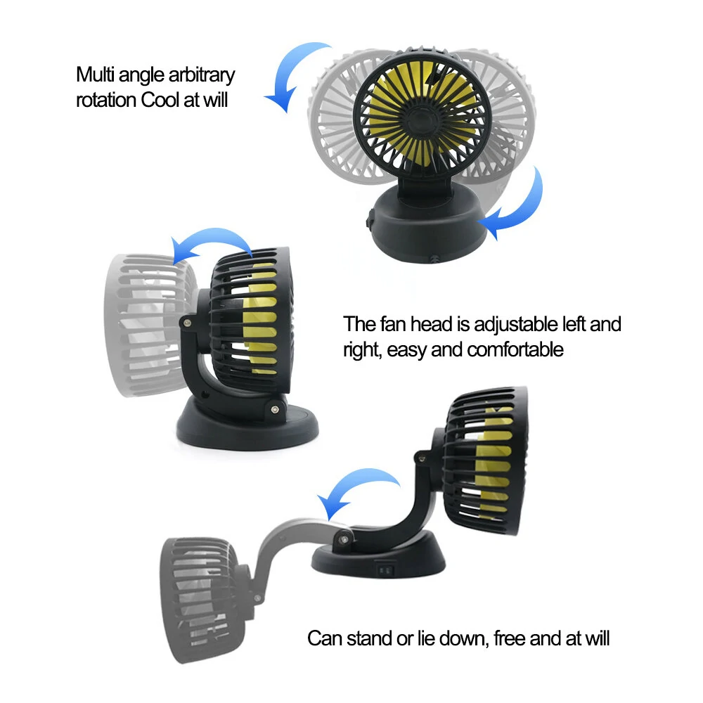 12V Dual-Head Car Fan Cooling Fans 360° 2 Speed Adjustable Mini Size Five-blade Strong Wind with Parking Number Plate For Auto Cooler — view 5