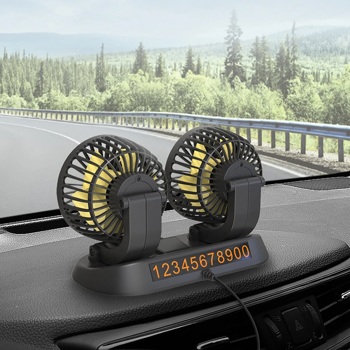 12V Dual-Head Car Fan Cooling Fans 360° 2 Speed Adjustable Mini Size Five-blade Strong Wind with Parking Number Plate For Auto Cooler — view 6