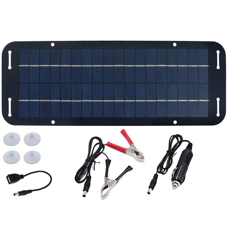 12V Solar Panel 6W Portable Flexible Solar Charger Kit with USB 5V DC Output for Car Camping Hiking Phones Power Banks Battery Charging CigaretteLighter Suction Cups — image 1