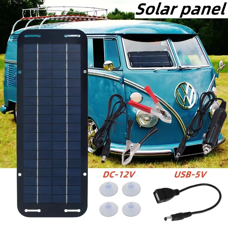12V Solar Panel 6W Portable Flexible Solar Charger Kit with USB 5V DC Output for Car Camping Hiking Phones Power Banks Battery Charging CigaretteLighter Suction Cups — view 2