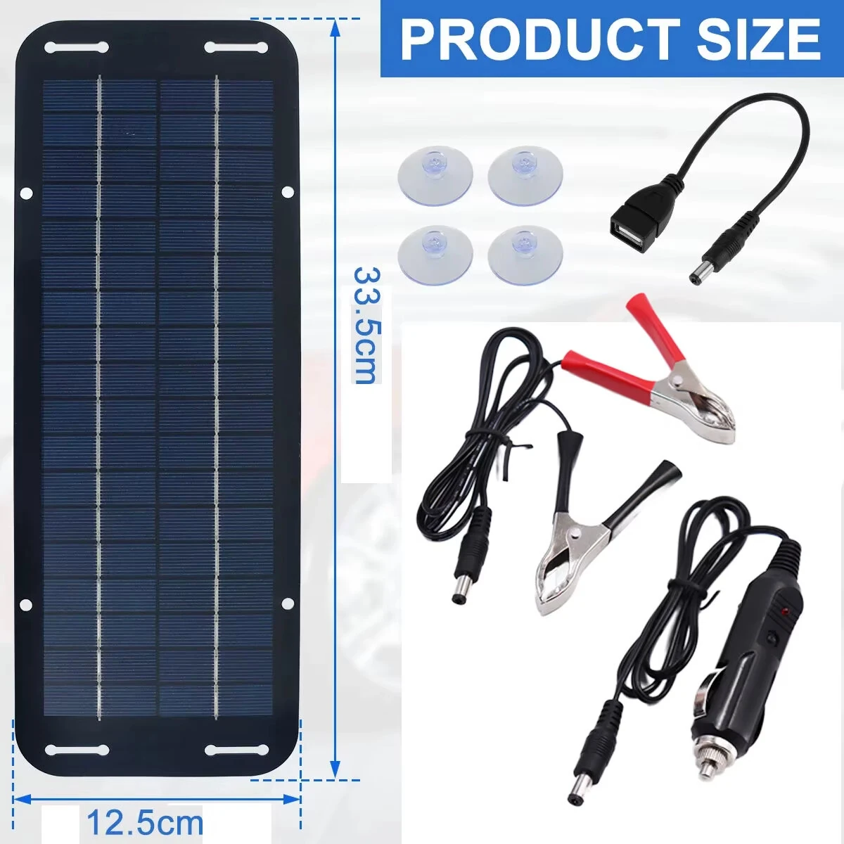 12V Solar Panel 6W Portable Flexible Solar Charger Kit with USB 5V DC Output for Car Camping Hiking Phones Power Banks Battery Charging CigaretteLighter Suction Cups — view 6