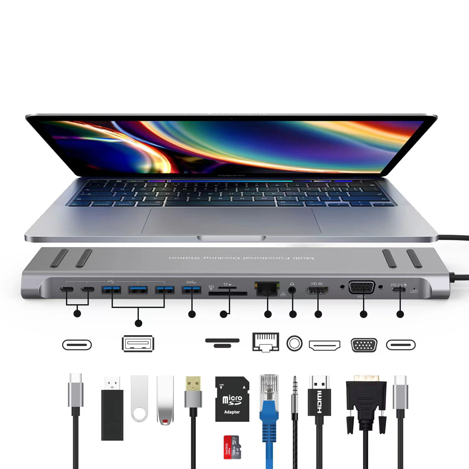 13 in 1 USB C Docking Station Network Hub with VGA PD 3.0 USB-C RJ45 10/100Mbps Laptop Stand for MacBook iPad Surface pro — image 1