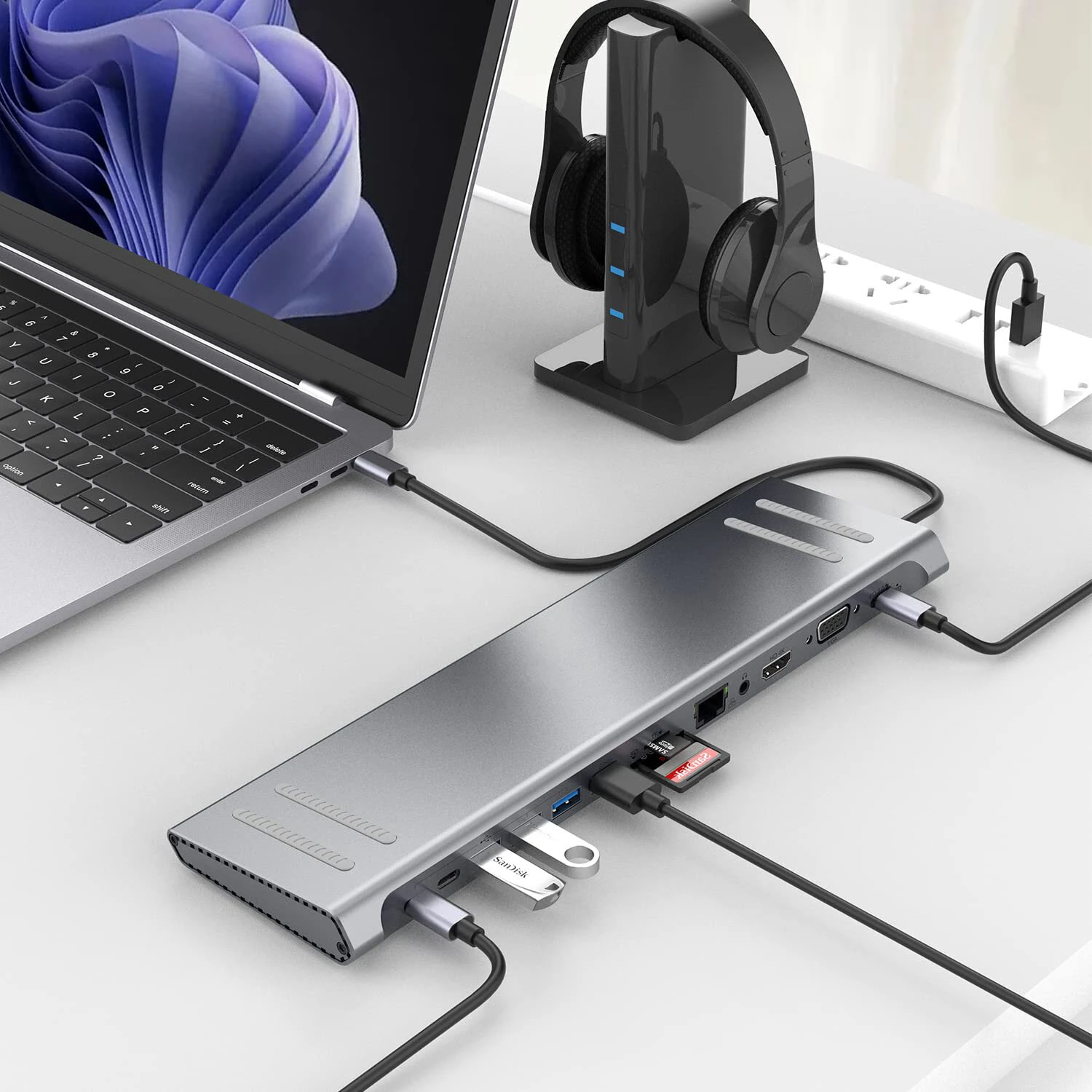 13 in 1 USB C Docking Station Network Hub with VGA PD 3.0 USB-C RJ45 10/100Mbps Laptop Stand for MacBook iPad Surface pro — view 6