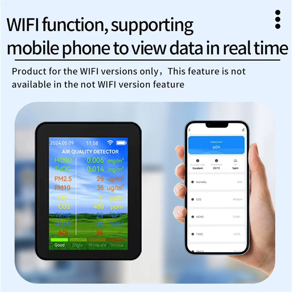14-in-1 Tuya WiFi Air Quality Monitor HCHO TVOC CO2 Carbon Monoxide PM2.5 PM10 Temperature Humidity Portable Rechargeable Smart Sensor App Control — view 5