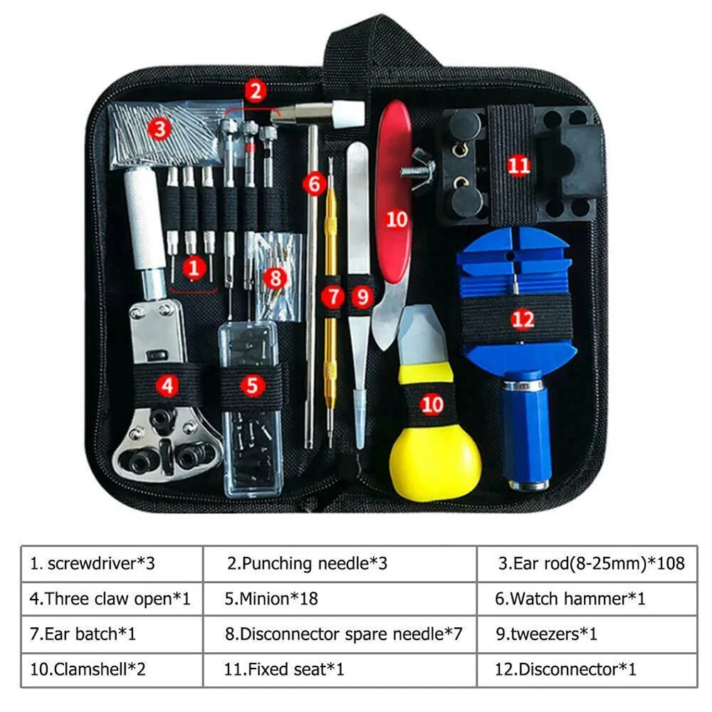 147pcs Watch Repair Tool Kit Watch Link Pin Remover Shell Opener Spring Bar Remover Clock Battery Replacement Strap Needle Set Accessor — view 4