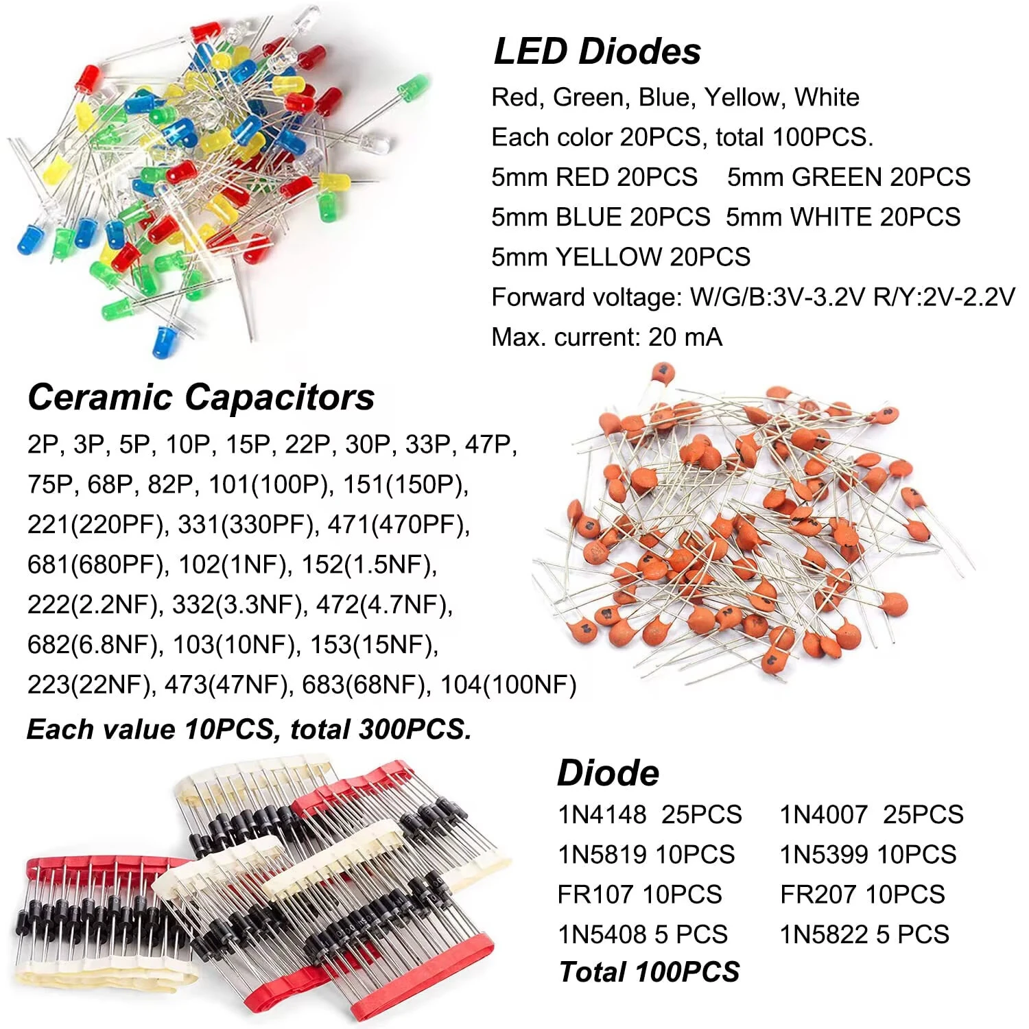 1500Pcs Electronic Components Starter Kit 3/5mm LED Lights Emitting Resistors Capacitors Set for Arduino DIY Electronics Starter — view 3