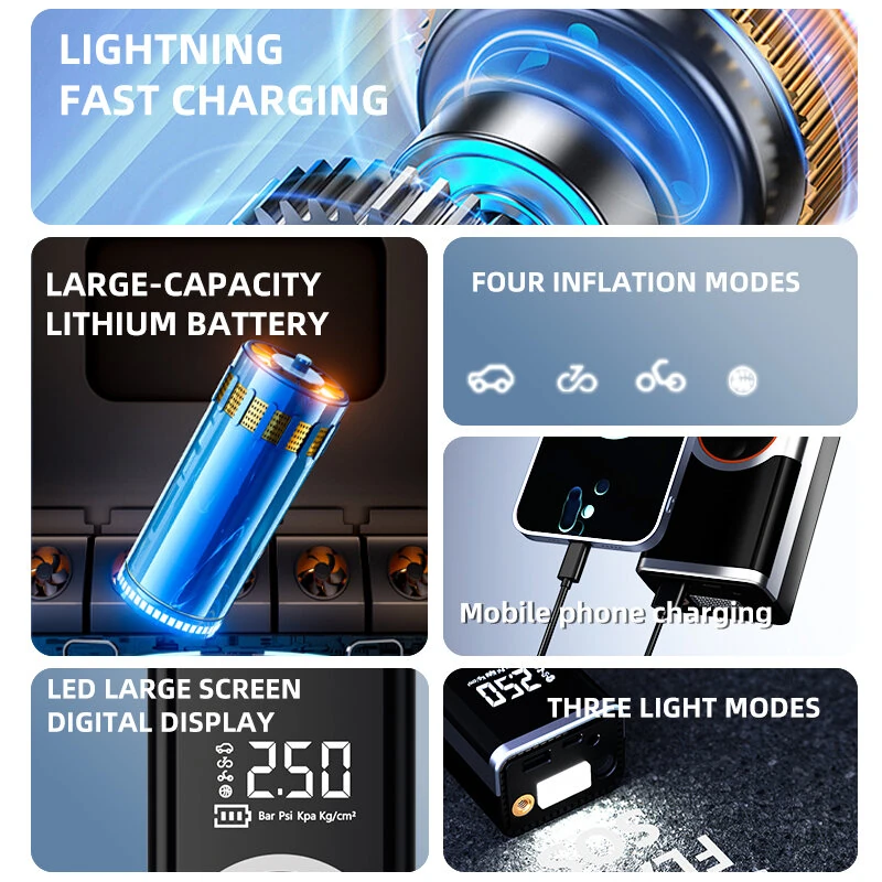 150PSI Multi-Functional Car Tire Inflator High-Pressure Portable Fast inflation Air Pump Built-in LED Emergency Light — view 3