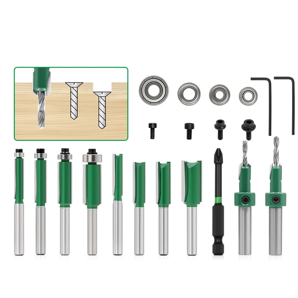 15Pcs 8mm Shank Adjustable Woodworking Countersink Drill Bit Set with TCT Router Bits S2 Magnetic Screwdriver Carbide Tipped bits for Softwood Hardwood MDF Wood Flush Trimming and Precise Screw Hole Drilling Kit — view 2