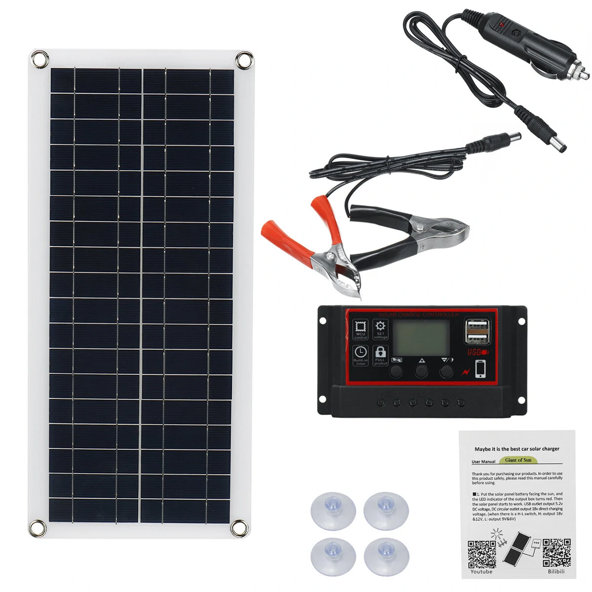 15W Solar Panel 12V Battery Charger 60A / 100A Dual USB Controller For RV Travel Car Camping — image 1