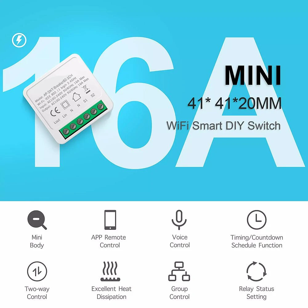 16A Mini Smart Wifi DIY Switch Support 2 Way Control Smart Home Automation Module Work with Alexa Google Home Smart Life App — view 4