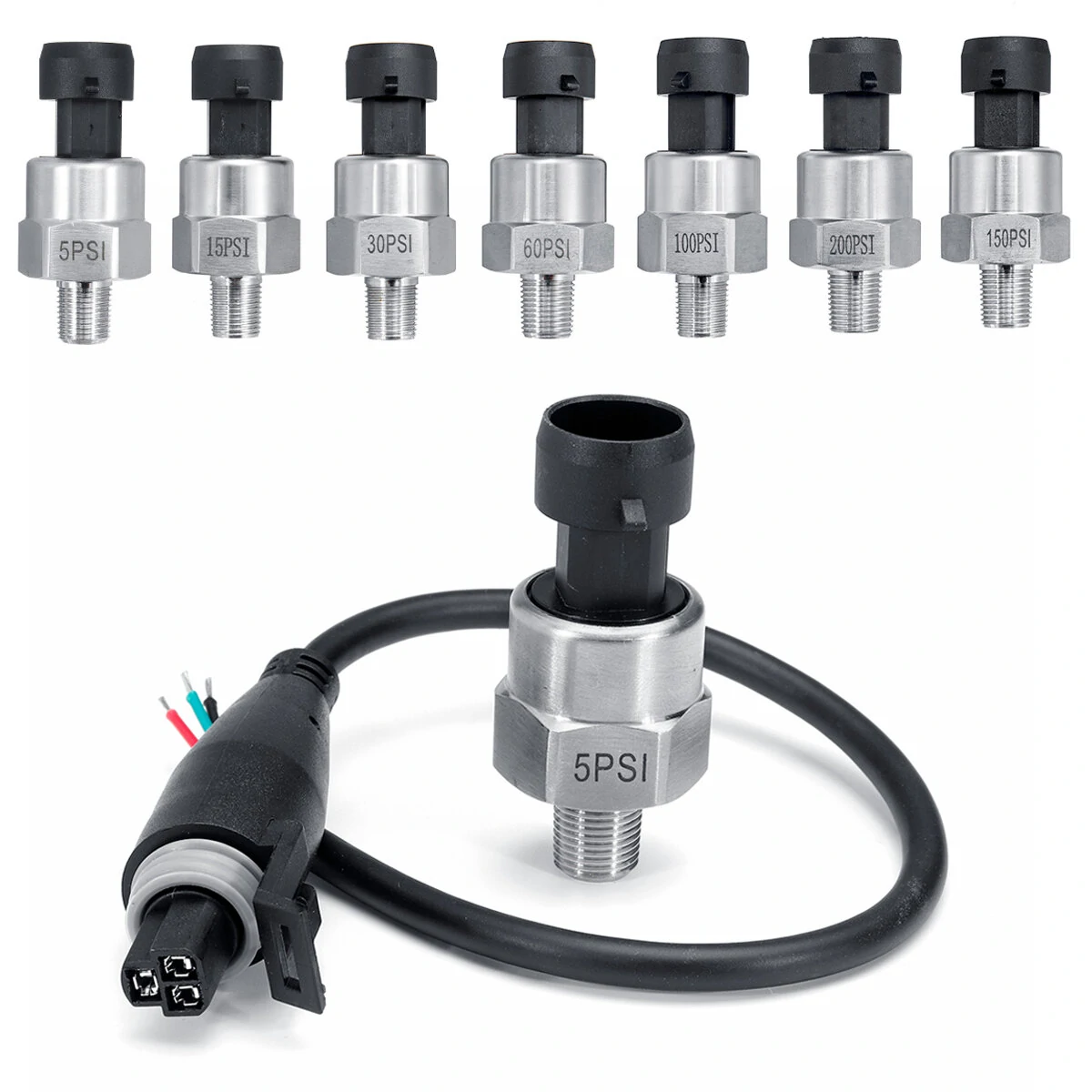 1/8NPT 5V 5/15/30/60/100/150/200 PSI Pressure Transducer Sender Sensor For Oil Fuel Air Gas Stainless Steel — Pricio