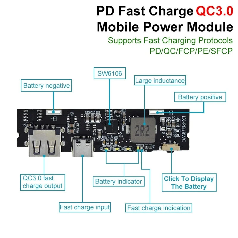18W PD Fast Charge Module QC3.0 USB-A Output Synchronous Boost for Multiple Devices With Indicator — view 4