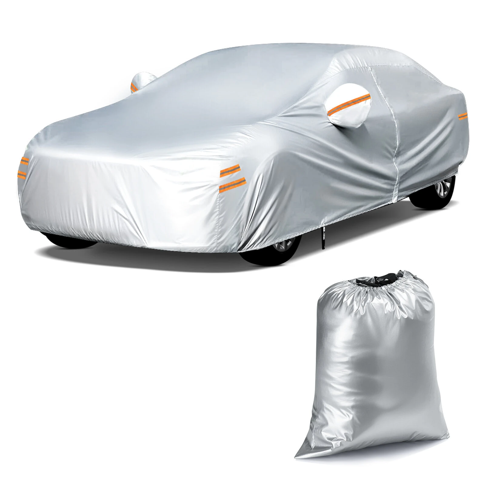 190T Polyester Car Full Covers All Weather Automobiles Outdoor With Windproof Strap 6 Reflective Strips for Sedans Coupes Silver UV Risistant Rainproof Dustproof Snowproof — image 1