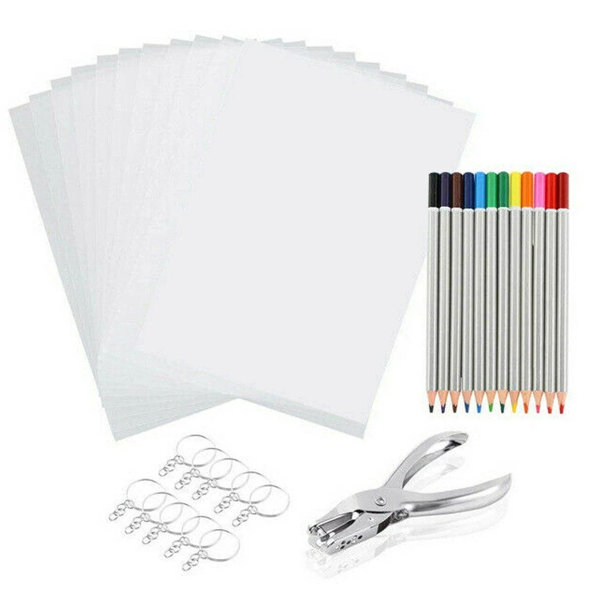 198Pcs/145Pcs/33Pcs DIY Heat Shrink Plastic Sheet Kit Shrinky Art Paper Hole Punch Keychains Pencils — view 2