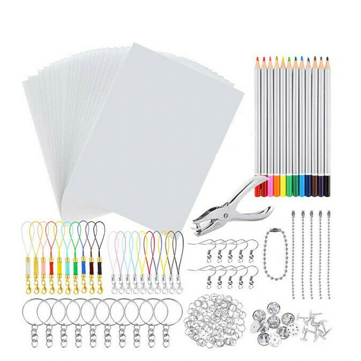 198Pcs/145Pcs/33Pcs DIY Heat Shrink Plastic Sheet Kit Shrinky Art Paper Hole Punch Keychains Pencils — view 6