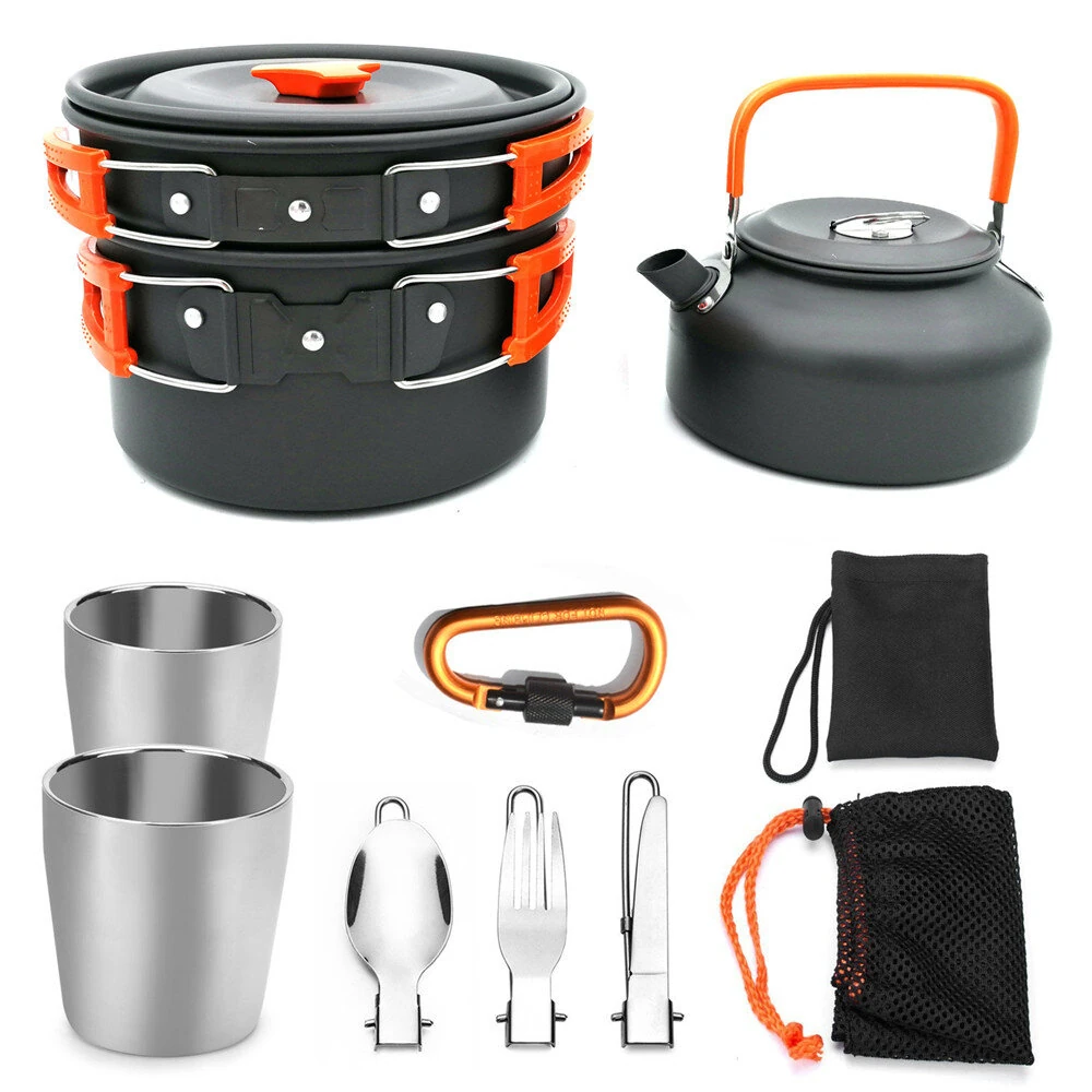 2~3 Person Camping Tableware Aluminum Nonstick Cookware Outdoor Cooking Pan Supplies Kettle Pot Pan Bowl Hiking Trip Picnic — image 1