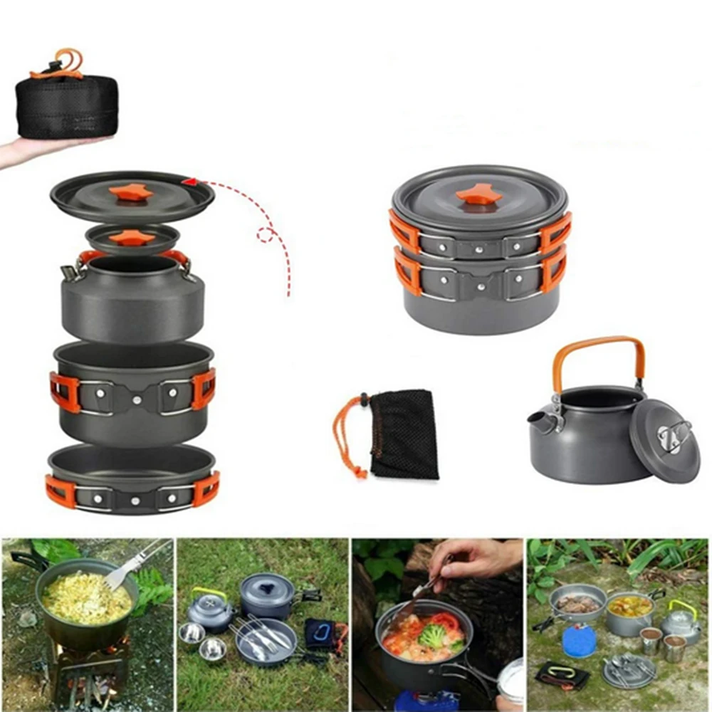 2~3 Person Camping Tableware Aluminum Nonstick Cookware Outdoor Cooking Pan Supplies Kettle Pot Pan Bowl Hiking Trip Picnic — view 2