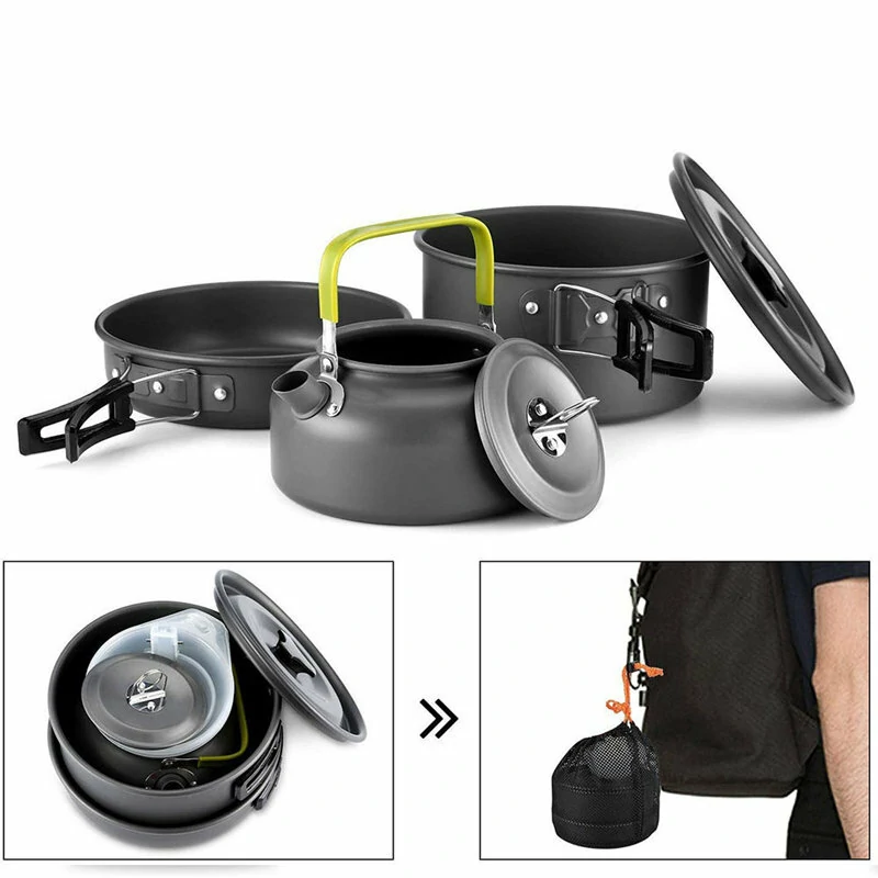 2~3 Person Camping Tableware Aluminum Nonstick Cookware Outdoor Cooking Pan Supplies Kettle Pot Pan Bowl Hiking Trip Picnic — view 3