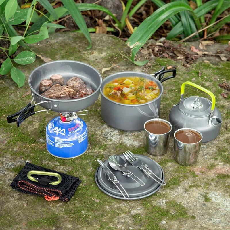 2~3 Person Camping Tableware Aluminum Nonstick Cookware Outdoor Cooking Pan Supplies Kettle Pot Pan Bowl Hiking Trip Picnic — view 5