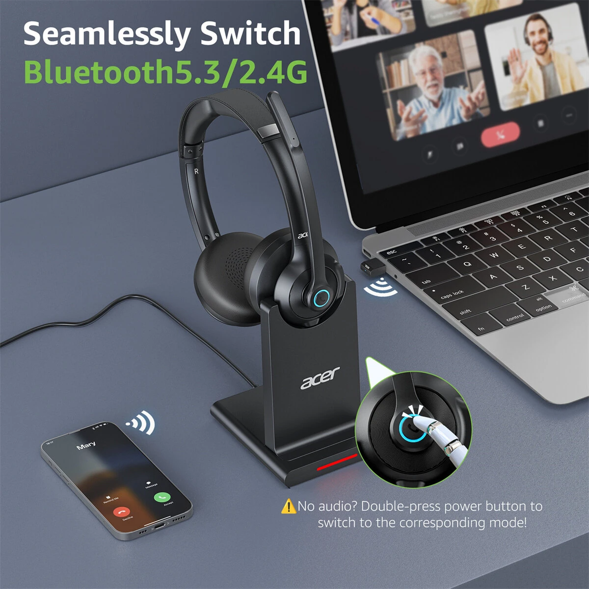 2.4G Wireless Headset bluetooth Headphone 40mm Driver HiFi Sound ENC Mic Call Noise Cancelling 36H Runtime On-ear Headphones with Charging Dock — view 3