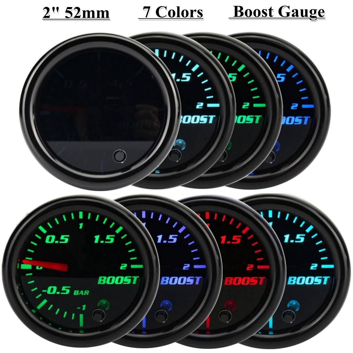2" 52mm Turbo Boost Gauge Vacuum Pressure Meter 7 Color LED 1~2 Bar Black Len UK — Pricio