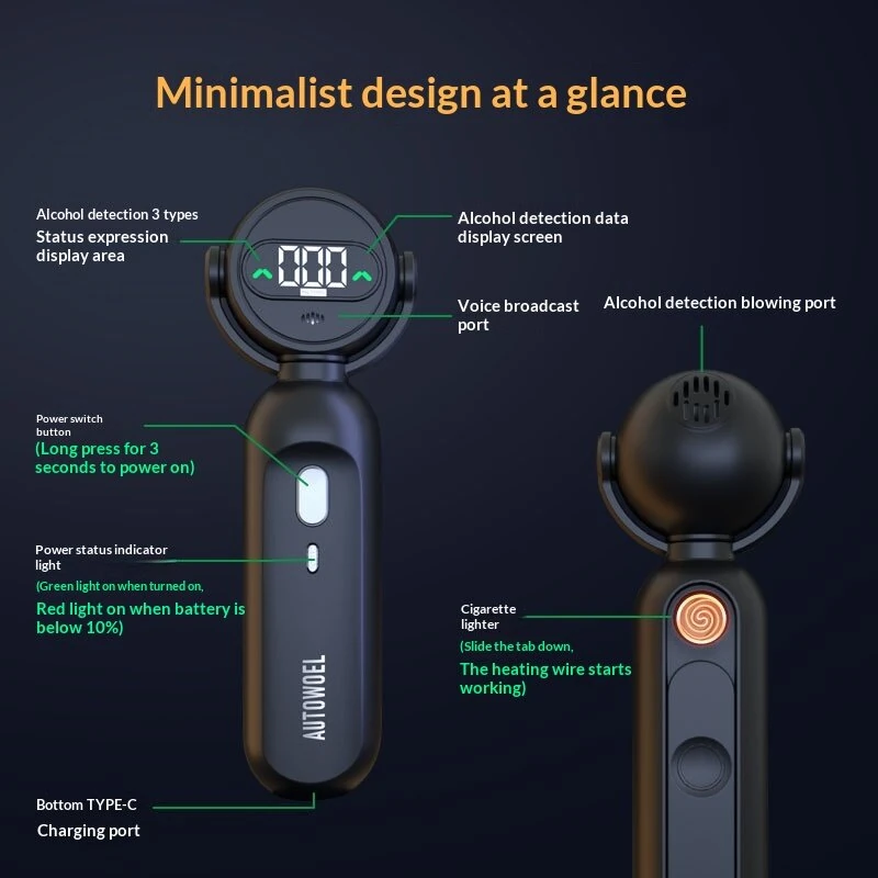 2-in-1 Alcohol Tester Breathalyzer Portable Rechargeable Analyzer with Windproof Electronic Lighter Digital Display Voice Alert — view 3