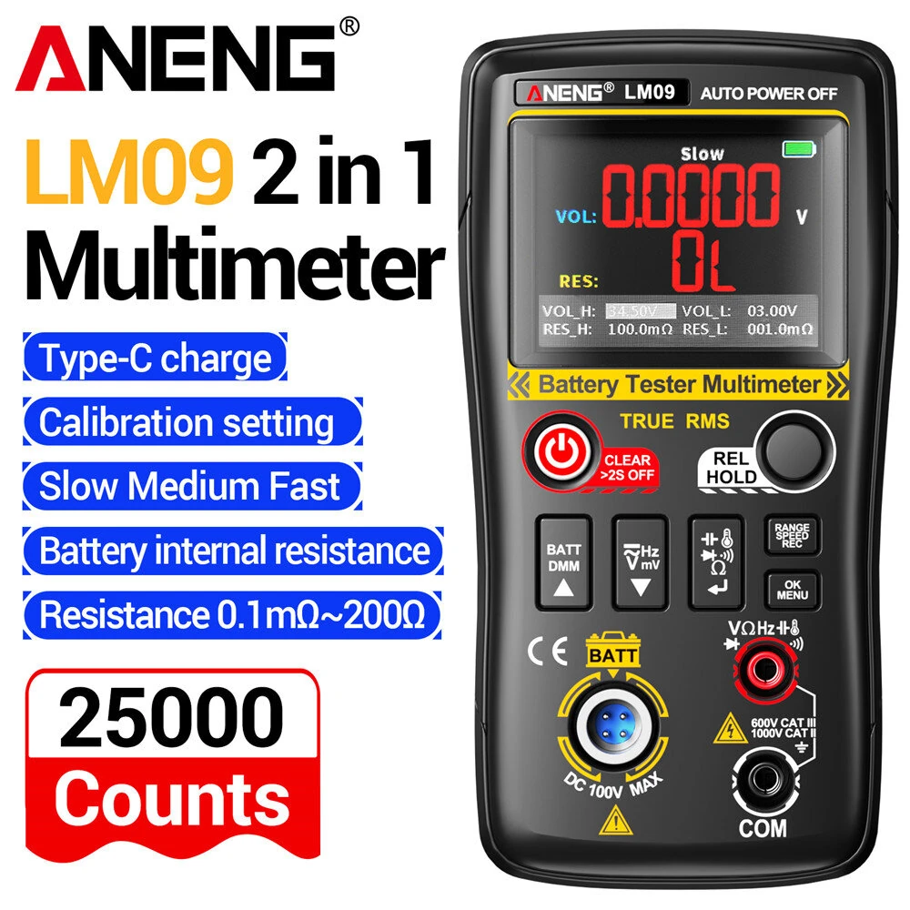 2 IN 1 ANENG LM09 Battery Internal Resistance Tester Multimeter 25000 Counts True RMS Tester Battery IR measurement Data retention Type-C — view 2